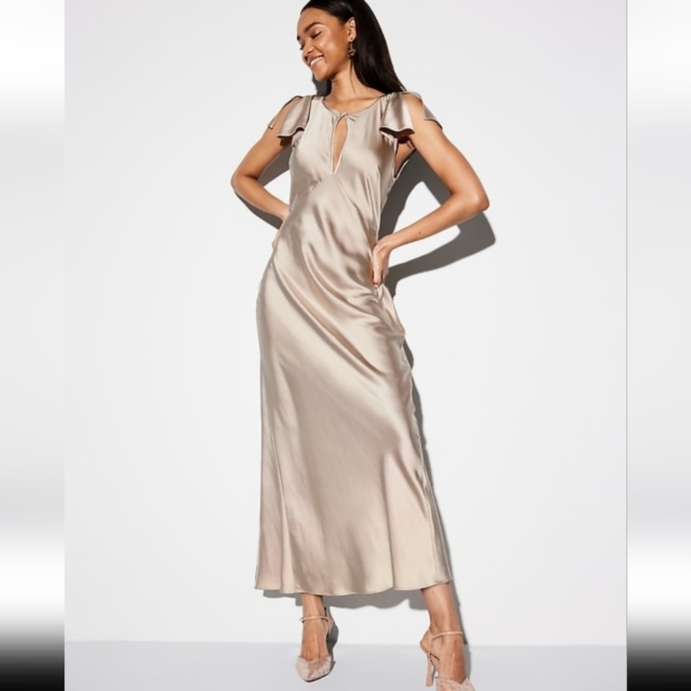 NWT Occasion by Old Navy Flutter-Sleeve Keyhole Satin Maxi Dress in Champagne